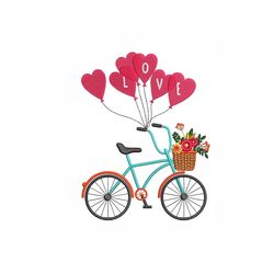 bicycle with balloon machine embroidery design. 3 sizes. balloon heart embroidery design