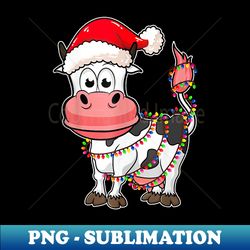 Cute Cow Santa Hat Christmas Lights Tree Farmer Cow Lover - Decorative Sublimation PNG File - Bring Your Designs to Life