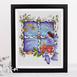 winter window cross stitch pattern pdf, winter cross stitch, christmas cross stitch, bullfinch cross stitch