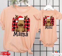 Mama Mini Christmas Matching Shirts, Buffalo Plaid Cute Reindeer T-Shirts