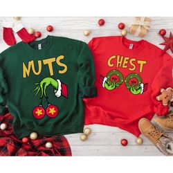 chest nuts couples matching shirt s,  christmas matching couple shirt s, his and her christmas pajamas, chest and nuts,