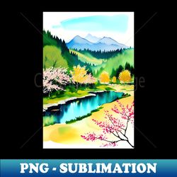 watercolor mountain landscape - impressionism and chinese painting - signature sublimation png file - transform your sublimation creations