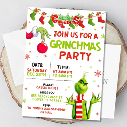 merry christmas green monster invitation, grinch editable invitation, canva personalized printable and instant download