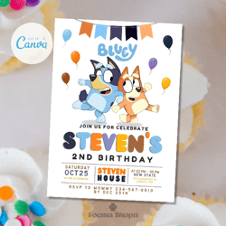 bluey puppy invite, two party invitation, bluey editable invitation, canva personalized printable and instant download