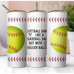 20 oz skinny tumbler sublimation design, straight wrap, softball dad like a baseball dad but with bigger balls, dad gift
