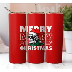 20 oz skinny merry christmas tumbler red sublimation design, straight wrap, happy christmas skull with eyeglasses