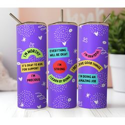 20 oz skinny tumbler sublimation design, straight wrap, motivational tumbler purple, positive affirmations tumbler png