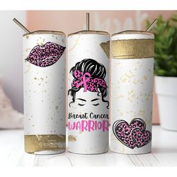 20 oz skinny tumbler sublimation straight wrap design, breast cancer warrior gift idea, pink ribbon hope messy bun girl,