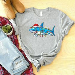 santa shark christmas lights shirt, christmas shirt, santa hat shark shirt, funny christmas shirt, christmas gift shirt,