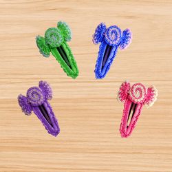 a crochet candy hair clip pattern, crochet hair clip pattern, crochet flower pattern, crochet written pdf pattern, photo