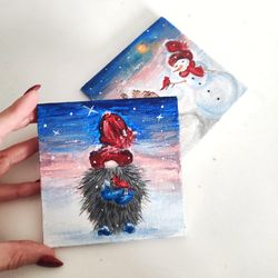 christmas gnome on canvas. snowman print set of 2 cardinal bird