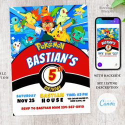 pokemon ball birthday invitation, monster editable invitation, canva personalized printable and instant download
