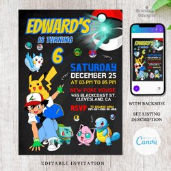 pokemon birthday invitation, monster editable invitation, canva personalized printable and instant download