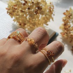 brown flower rings set floral seed bead rings fashion jewelry aesthetic handmade jewelry gift for her dainty rings set