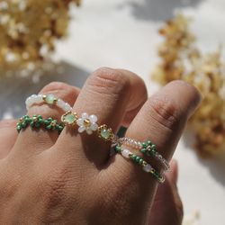 green floral rings handmade seed bead rings green flower rings set gift for her perfect gift for her rings beaded set