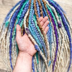 boho textured dreadlocks, beige, blonde and teal ombre mix, synthetic dreads and braids, in stock