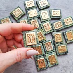 runic set of serpentinite with brass 25 pieces divination fortune telling oracle gemstone handmade runes asatru futhark