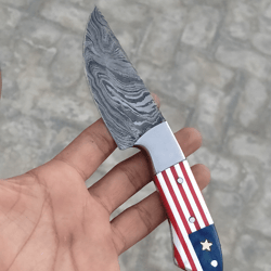 custom handmade damascus steel hunting knife, skinning knife, pocket knife, us flag pattern handle
