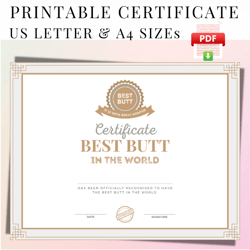 best butt printable certificate, appreciation gift for wife husband girlfriend boyfriend, valentines appreciation award