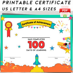 100 days of school award certificate of completion template printable, hip hip hooray 100th day of school, homeschool