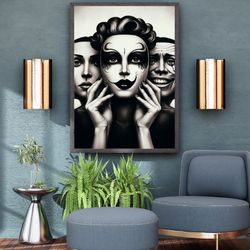 elegance in monochrome: masked faces digital art prints