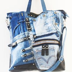 large women's shopper denim tote bag with leather trim