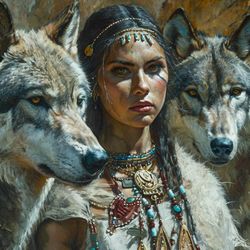 native american women and wolves digital painting art