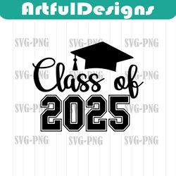 educational clipart: words 'class of 2025' in varsity / collegiate and script style with graduation cap - digital downlo