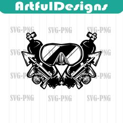 spearfishing svg | scuba diver svg | diving spear gun oxygen tanks dive mask | cutting file printable clipart vector dig