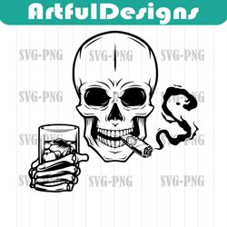 skull with whiskey and cigar svg | on the rocks clipart | gothic cigarette smoking stencil | tobacco cut file | skeletal