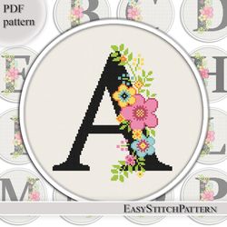 floral letter a. monogram cross stitch pattern. flowers cross stitch. wedding cross stitch.