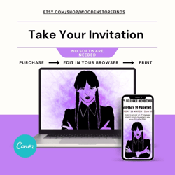 irthday invitation for wednesday, a card for wednesday addams' birthday, an invitation template for wednesday, and canva