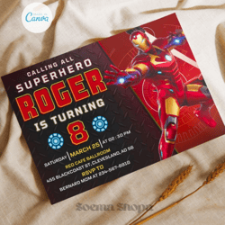 iron hero invitation, superhero man editable invitation, canva personalized printable and instant download