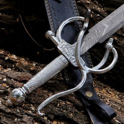 "masterfully crafted hand forged damascus steel rapier sword with leather sheath - ideal medieval sword, perfect wedding