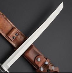 custom handmade d2 tool steel hunting battle ready sword tanto sword with cow leather sheath