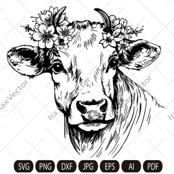 cow svg file, cow with flower crown svg, cow cut file, animal face, floral crown, cow with flowers on head, cute cow svg