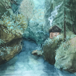 digital painting of a house in the forest