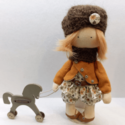 cloth handmade doll with a wooden horse miniature doll textile art doll, rag doll, cute mini rag doll, soft fabric puppe