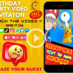 pokemon video invitation, pokemon birthday party, pokemon themed party, pikachu video invite