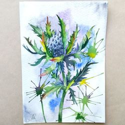 thistle painting original watercolor art plant blue flower artwork