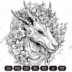 dragon portrait svg, dragon head svg, dragon face svg, dragon detailed, dragon in flowers