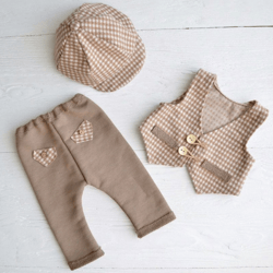 brown newborn boy photo prop outfit: newsboy cap, vest and pants set. beige new baby first picture clothes. suit newborn