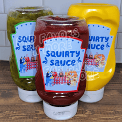bluey inspired squirty condiment sauce labels, bluey inspired ketchup labels, squirty sauce condiment label, bluey