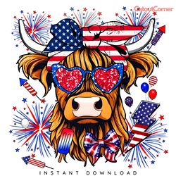 western 4th of july highland cow png digital download files