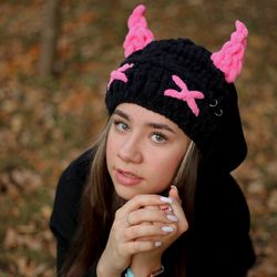 original puffy fluffy cute hand knitted beanie hat with horns  kawai anime hat free shipping pink