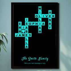 personalized family names sign, crossword print, family custom letter tile unique gift for mom, crossword tiles