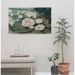 handmade waterlily painting, lotus wall art, for wall decor, finished cross stitch