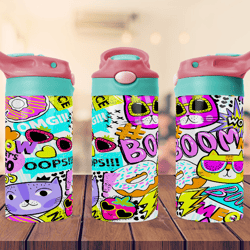 cat boom design tumbler for kids 12oz flip top sippy tumbler sublimation tumbler design png file ,digital download