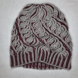 women's beanie woolen double-sided, two-tone, with an interesting handmade pattern for spring and autumn in stock