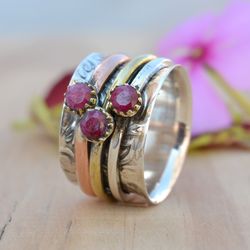 ruby silver ring, fidget spinner ring for women anxiety, ring band, thumb ring, worry ring, meditation ring, handmade